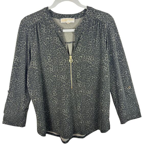Michael Michael Kors Leopard Print 1/2 Zip Stretchy Roll Tab Sleeve Blouse Sz L - Picture 1 of 7